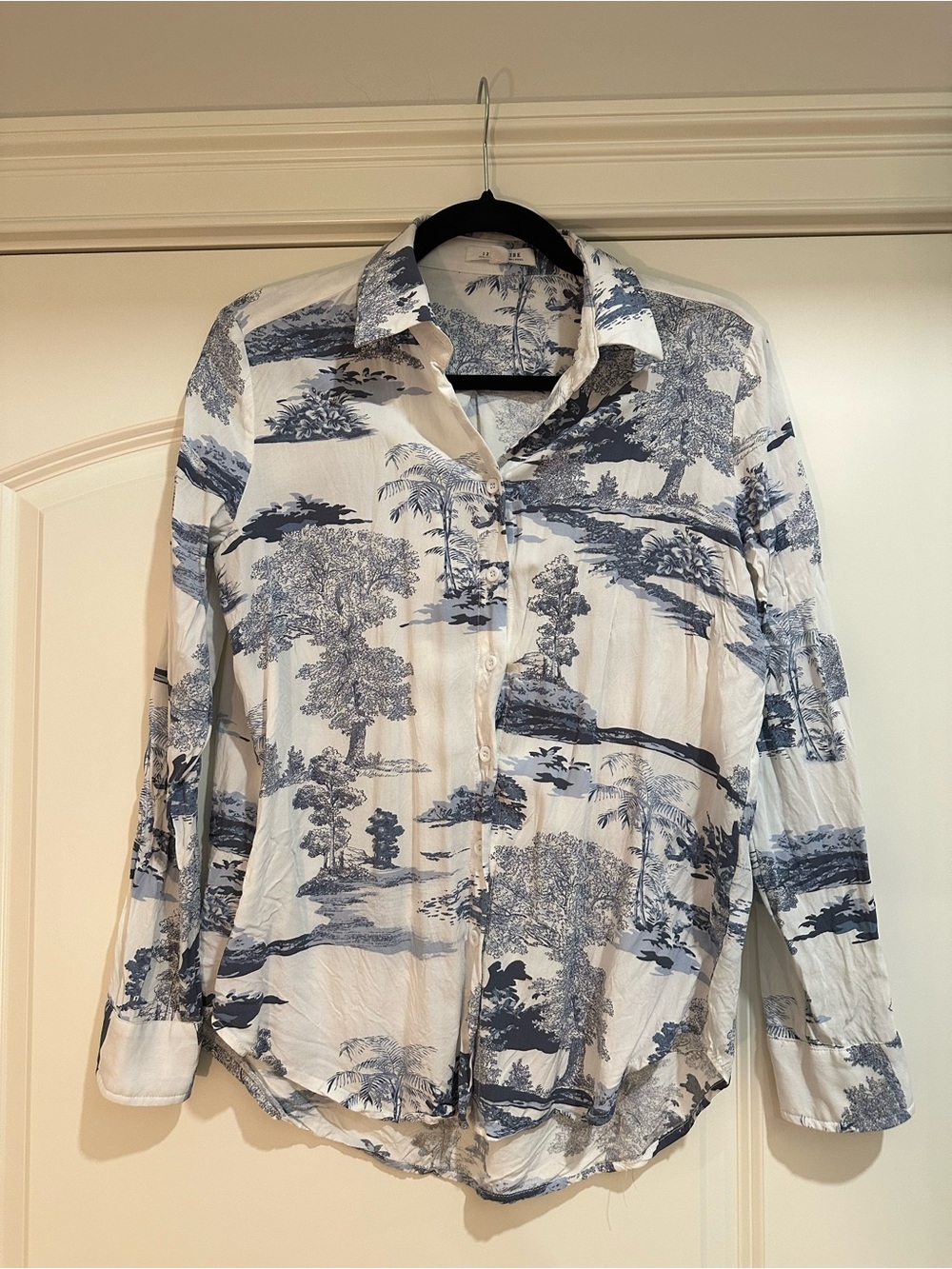 12th Tribe White Button-Down Shirt with Blue Scenic Print
